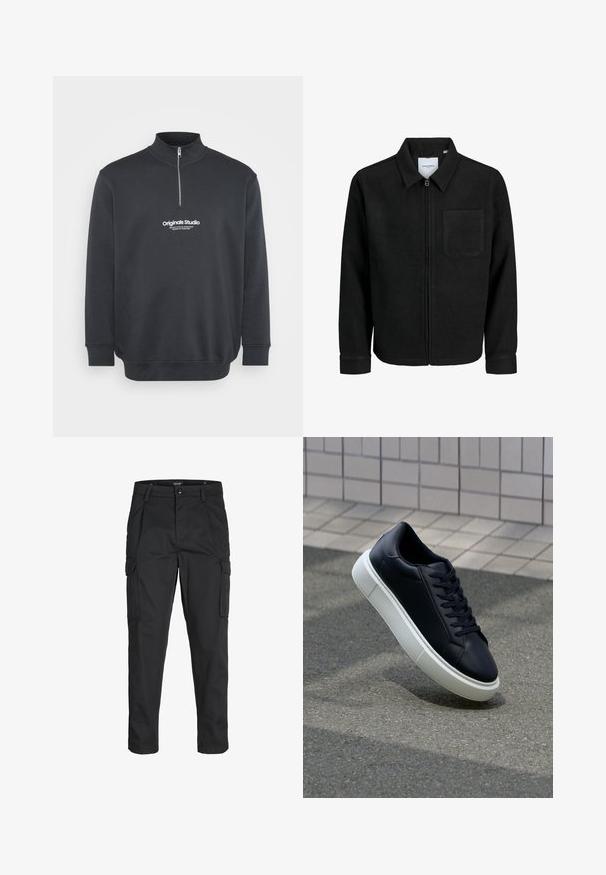 Melna jaka ar rāvējslēdzēju un apkakli, vienu krūšu kabatu, parādīta uz baltas fona.; Jack & Jones JORVESTERBRO QUARTER ZIP - Ikdienas džemperis - forest river; Melnas kravas bikses, izgatavotas no izturīga auduma, ar vairākiem kabatām, pogu aizdari un šaura piegriezuma dizainu ar sašaurinātiem kāju apakšiem.; Melnas ādas kedas ar noapaļotu pirkstu un baltu gumijas zoli. Iespējas - plakanas šņorītes un minimāla apdare augšdaļā. Struktūrēta zole, lai nodrošinātu saķeri.