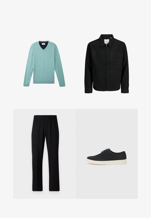 Black zip-up jacket with collar and single chest pocket, displayed on white background.; TOM TAILOR Jumper - hellgrün; Black, elastic-waist trousers with a straight-leg design, featuring a smooth texture and no visible patterns or hardware.; Black suede lace-up shoe with a rounded toe, lightweight cream sole, and subtle blue stitching accents on the upper.