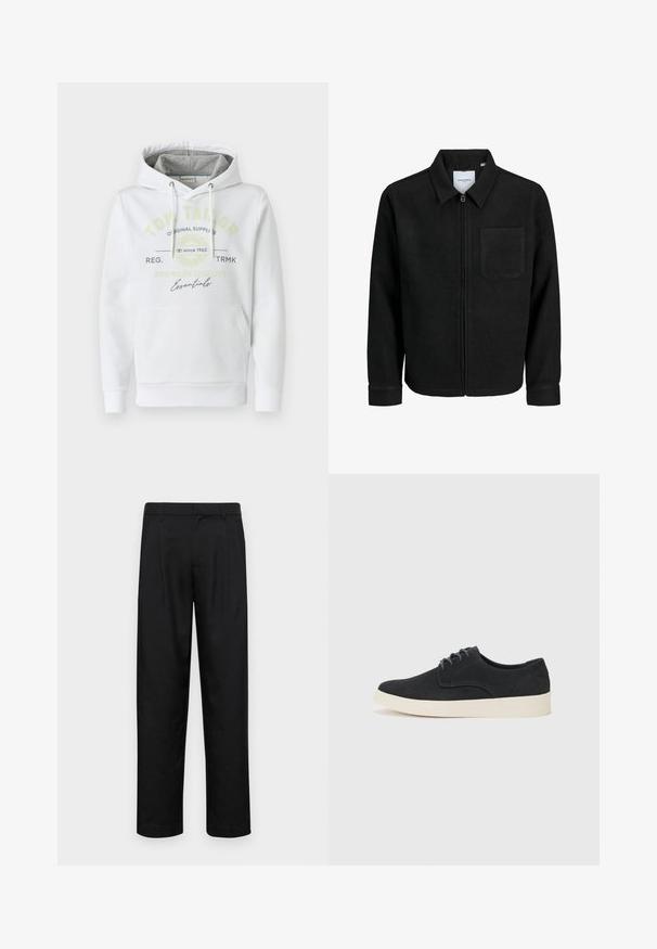 Jachetă neagră cu fermoar, cu guler și un singur buzunar pe piept, expusă pe fundal alb.; Hanorac alb dintr-un material moale, cu o buzunar frontal, având o glugă căptușită gri și un logo de brand imprimat în verde și negru.; Pantaloni negri dintr-un material neted, cu un design drept, două pliuri frontale și un tiv standard cu bucle pentru curea.; Pantofi negri din suede, cu sireturi, cu vârful rotund, talpă ușoară de culoare crem și accente subtile de cusuturi albastre pe partea superioară.