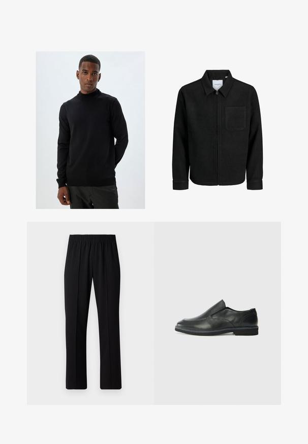 Czarna kurtka z zamkiem na całej długości, z kołnierzem i jedną kieszenią na piersi, umieszczona na białym tle.; Czarny sweter golf z miękkiego materiału dzianinowego, z długimi rękawami, dopasowanym krojem oraz żebrowanymi akcentami przy kołnierzu i dolnej krawędzi.; Czarne spodnie z elastycznym pasem o prostym kroju, z gładką strukturą i bez widocznych wzorów czy elementów metalowych.; Czarne skórzane buty wsuwane z gładką cholewką, przeszyciami, okrągłym noskiem i niskim gumowym obcasem. Podeszwa ma minimalny bieżnik.