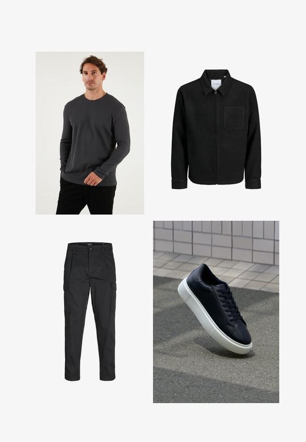 Schwarze Zip-Jacke mit Kragen und einer einzelnen Brusttasche, auf weißem Hintergrund präsentiert.; Graues, geripptes Langarm-T-Shirt mit Rundhalsausschnitt, strukturierter Stoff und taillierter Passform, kombiniert mit schwarzen Hosen vor neutralem Hintergrund.; Schwarze Cargo-Hose aus robustem Material, mit mehreren Taschen, einem Knopfverschluss und einem Slim-Fit-Design mit schmal zulaufenden Beinen.; Schwarze Leder-Sneaker mit runder Zehenpartie und weißer Gummisohle. Verfügt über flache Schnürsenkel und minimale Nähte im Obermaterial. Strukturiertes Sohlenprofil für besseren Halt.