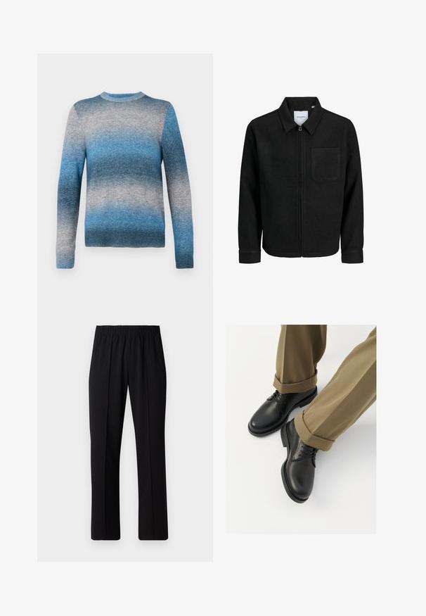 Mustaga lukuga jakker, millel on krae ja üks rinna-tasku, esitatud valgel taustal.; Sinine gradient-sviiter, mis on valmistatud pehmest materjalist. Sellel on ümar kaelus, pikad varrukad ja soonikkoes alläär. Värvid ulatuvad helesinisest tumesiniseni.; Mustad, elastse puusärgid sirge säärega, mis on sileda tekstuuriga ja ilma nähtavate mustrite või riistadega.; Mustad mustad naha kingad, millel on sile viimistlus, sidemed ja ümar nina, on kombineeritud üleskeeratud khaki pükstega.