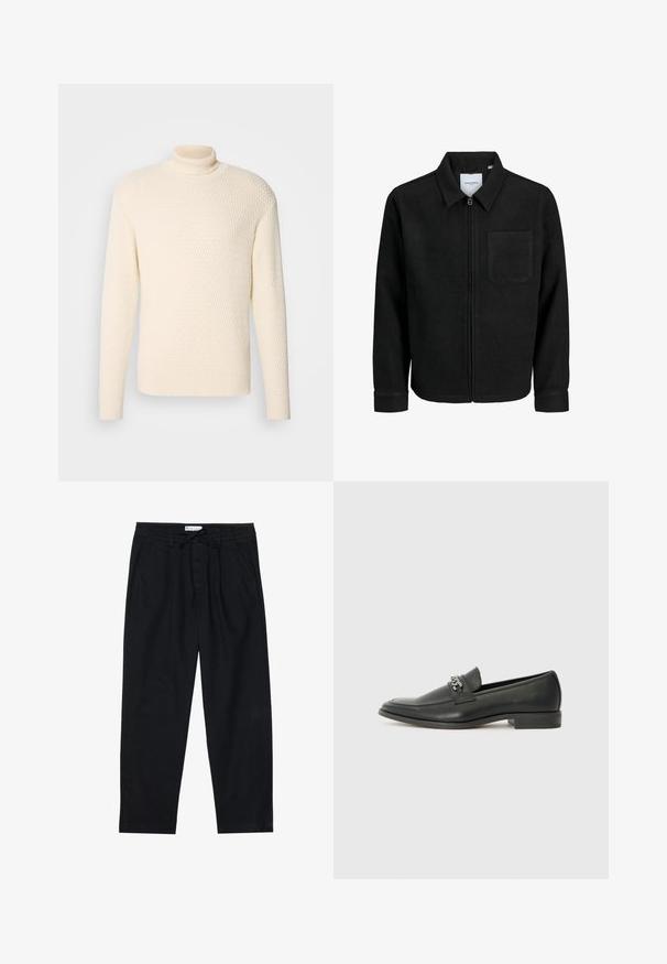 Svart zip-jacka med krage och en enda bröstficka, visad på vit bakgrund.; Lindbergh ROLL NECK STRUCTURE SWEATER - Stickad tröja - ecru; Pier One Chinos - black; Svart läderloafers med en slät yta, med en sydd design och en dekorativ metallkedjeaccent över västen. Platt häldesign.