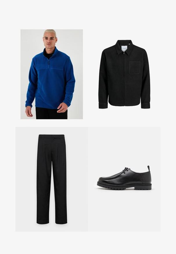 Melna jaka ar rāvējslēdzēju un apkakli, vienu krūšu kabatu, parādīta uz baltas fona.; Zils vilnas džemperis ar ceturtdaļas rāvējslēdzēju priekšā, garām piedurknēm un gludu tekstūru. Iespaidīgs kontrastējošs panelis krūtīs.; Melnas bikses, izgatavotas no gludas auduma, ar taisnu kāju dizainu, divām priekšējām krokām un standarta jostu, kurai ir āķi.; Melnas ādas šņorējamās kurpes ar izturīgu zoli un cilpiņu uz papēža, parādītas no sāniem uz baltas fona.