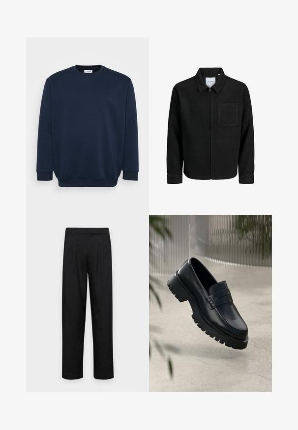 Juodas džemperis su užtrauktuku, apykakle ir vienu krūtiniu kišenėje, pristatytas baltame fone.; Tamsiai mėlynas džemperis, pagamintas iš minkštos medvilnės mišinio, su apvaliu kaklu, ilgomis rankovėmis ir aplikacija ant rankogalių bei apačios. Minimalistinis dizainas be raštų.; Juodi kelnių modeliai, pagaminti iš lygios medžiagos, turi tiesią kojas, du priekiniai klostės ir standartinę juosmenį su diržo kilpomis.; Juodi odiniai loafai su storesniu pado protektoriumi, turintys dekoratyvinę juostelę ir siuvinėjimo detales. Lygi tekstūra su blizgiu paviršiumi.
