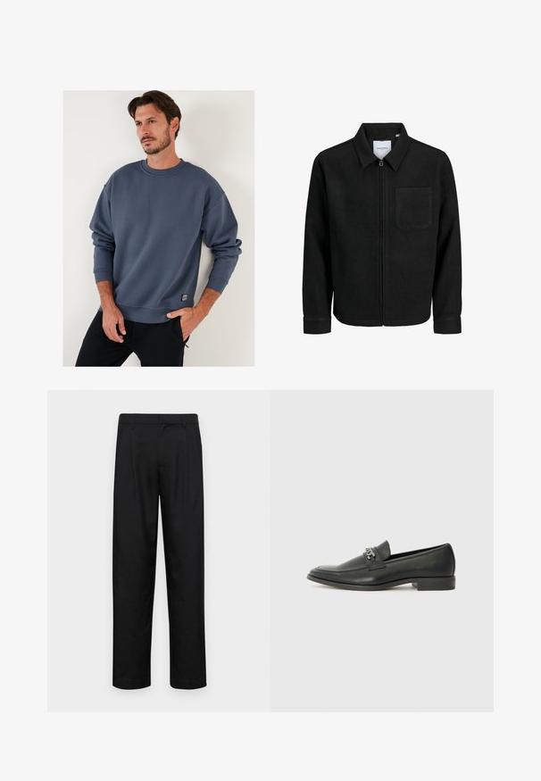 Svart zip-jacka med krage och en enda bröstficka, visad på vit bakgrund.; Blå bomullströja med rund halsringning, sänkta axlar och ribbade muddarmar. Har en liten etikett på undersidan. Mjuk textur.; Svarta byxor i slät väv, med rak ben-design, två framfickor och standardmidja med bälteshällor.; Svart läderloafers med en slät yta, med en sydd design och en dekorativ metallkedjeaccent över västen. Platt häldesign.