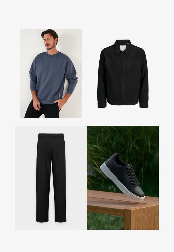 Čierna zipsová bunda s golierom a jednou náprsníkou, vystavená na bielom pozadí.; Modrá bavlnená mikina s okrúhlym výstrihom, spadnutými ramenami a rebrovanými manžetami. Obsahuje malú nášivku na dolnej strane. Mäkká textura.; Čierne nohavice vyrobené z hladkej tkaniny, s rovnými nohavicami, dvoma prednými skladmi a štandardným pásom s pútkami na opasok.; Čierne kožené tenisky s hladkým povrchom, biela gumená podrážka a šesť dierok na šnúrky, vystavené na drevenom povrchu.