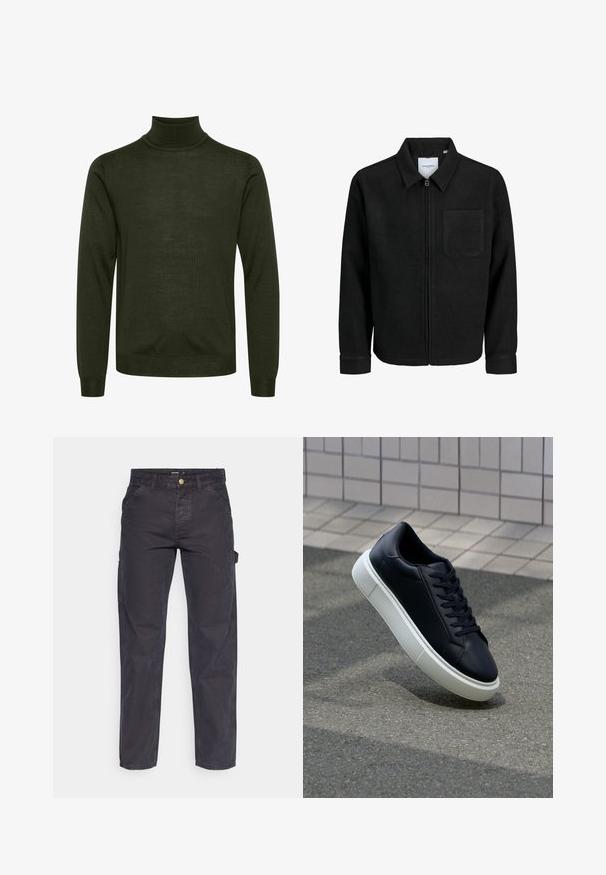 Schwarze Zip-Jacke mit Kragen und einer einzelnen Brusttasche, auf weißem Hintergrund präsentiert.; Dunkelgrüner Langarm-Turtleneck-Pullover mit gerippten Bündchen und Saum, der eine glatte Stricktextur aufweist.; Dunkelgraue Cargo-Hosen aus strapazierfähigem Stoff, mit geradem Bein, fünf Taschen und einem Knopfverschluss an der Taille.; Schwarze Leder-Sneaker mit runder Zehenpartie und weißer Gummisohle. Verfügt über flache Schnürsenkel und minimale Nähte im Obermaterial. Strukturiertes Sohlenprofil für besseren Halt.