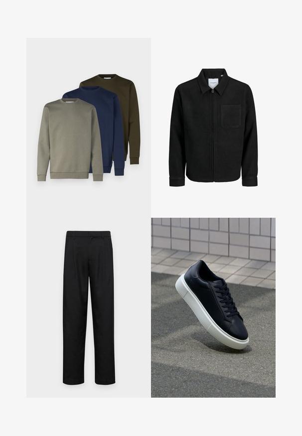 Melna jaka ar rāvējslēdzēju un apkakli, vienu krūšu kabatu, parādīta uz baltas fona.; Trīs crewneck džemperi olīvu zaļā, jūras zilā un gaiši pelēkā krāsā. Kokvilnas materiāls ar elastīgām aprocēm un apakšmalu. Gluda tekstūra, vienkāršs dizains.; Melnas bikses, izgatavotas no gludas auduma, ar taisnu kāju dizainu, divām priekšējām krokām un standarta jostu, kurai ir āķi.; Melnas ādas kedas ar noapaļotu pirkstu un baltu gumijas zoli. Iespējas - plakanas šņorītes un minimāla apdare augšdaļā. Struktūrēta zole, lai nodrošinātu saķeri.
