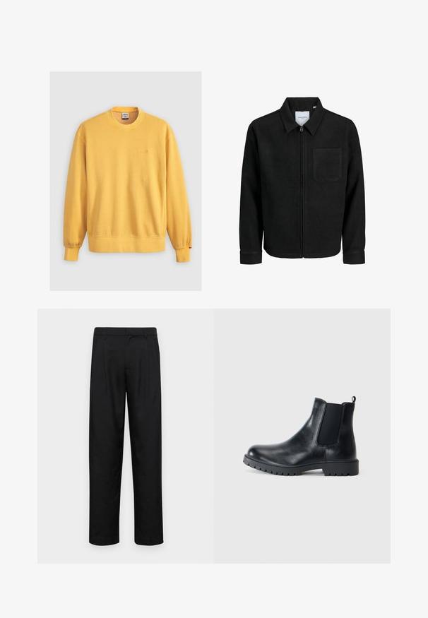 Čierna zipsová bunda s golierom a jednou náprsníkou, vystavená na bielom pozadí.; Žltá mikina vyrobená z bavlny, s okrúhlym výstrihom, rebrovanými manžetami a vyšívaným logom na hrudi. Hladká textúra.; Čierne nohavice vyrobené z hladkej tkaniny, s rovnými nohavicami, dvoma prednými skladmi a štandardným pásom s pútkami na opasok.; Čierne kožené Chelsea čižmy majú elastické bočné panely, zaoblenú špičku a gumenú trakčnú podrážku. Minimalistický dizajn so slučkou na ťahanie.