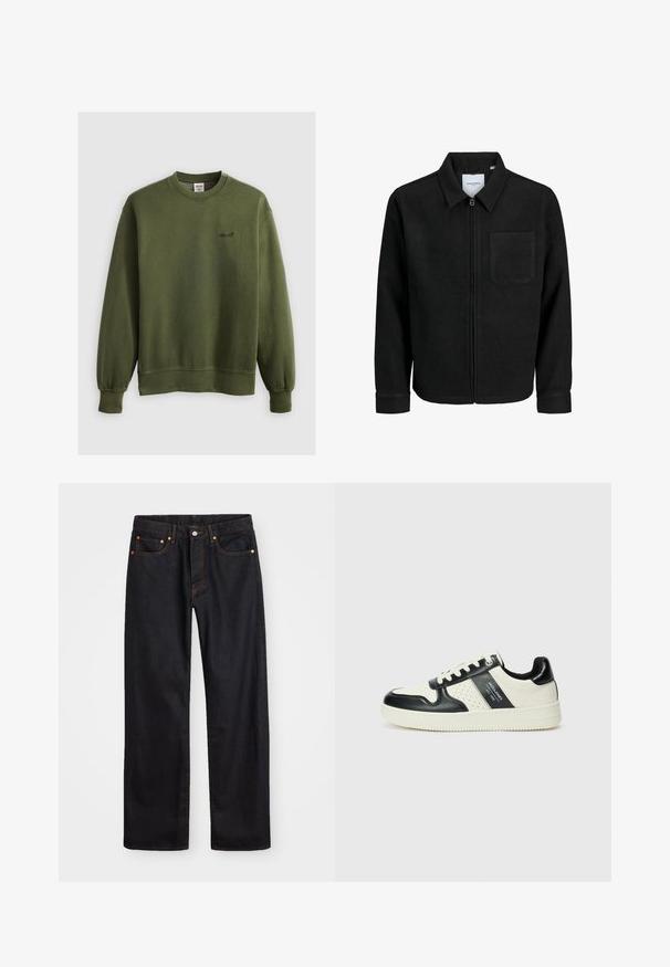 Zwarte zip-up jas met kraag en enkele borstzak, weergegeven op een witte achtergrond.; Groene crewneck sweatshirt van zacht materiaal, met ribbelmanchetten en een klein geborduurd logo op de borst. Klassieke pasvorm zonder patronen.; Heren straight-leg zwarte denim jeans met vijf zakken en oranje stiksels, knoop- en ritssluiting op de voorkant van de tailleband.; Leren sneakers met een zwart en crèmekleurig kleurenschema, voorzien van geperforeerde accenten, een gevoerde kraag en een gestructureerde buitenzool.