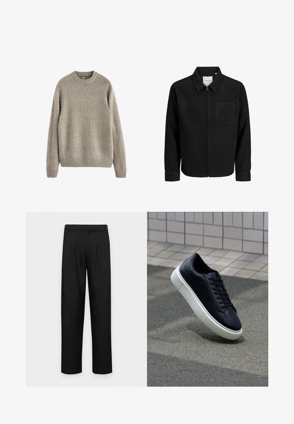 Giacca nera con zip, colletto e una tasca sul petto, mostrata su sfondo bianco.; Maglione beige a coste con scollo rotondo, maniche lunghe e un motivo a maglia strutturato. Presenta un orlo e polsini a coste.; Pantaloni neri realizzati in tessuto liscio, caratterizzati da un taglio dritto, due pieghe frontali e una vita standard con passanti per la cintura.; Sneaker in pelle nera con punta arrotondata e suola in gomma bianca. Presenta lacci piatti e cuciture minime sulla parte superiore. Suola testurizzata per una migliore aderenza.