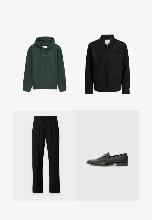 Zwarte zip-up jas met kraag en enkele borstzak, weergegeven op een witte achtergrond.; Groene hoodie van zacht materiaal, met een voorzak en trekkoorden. Op de borst staat een wit tekstlogo.; Zwarte, elastische broek met rechte pijpen, met een gladde textuur en zonder zichtbare patronen of hardware.; Zwarte leren instapper met een gladde afwerking, voorzien van een gestikt ontwerp en een decoratieve metalen kettingaccent over de wreef. Platte hak.