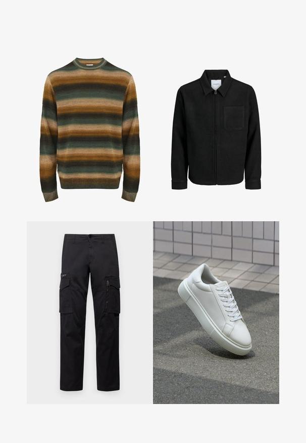 Melna jaka ar rāvējslēdzēju un apkakli, vienu krūšu kabatu, parādīta uz baltas fona.; Svītrots džemperis zaļā, brūnā un bēšā krāsā. Tam ir ribota tekstūra, apaļš kakls un garas piedurknes ar pieguļošu apakšmalu.; Melnas cargo bikses ar vairākiem kabatām, ar rāvējslēdzēju kabatu uz augšstilba, taisnu piegriezumu un izturīgu kokvilnas audumu ar vieglu spīdumu.; Baltas ādas sporta apavi ar gludu virsmu, apaļu pirkstu un plakanām baltām šņorēm. Iezīmējas ar strukturētu gumijas zoli un minimālisma dizaina elementiem.
