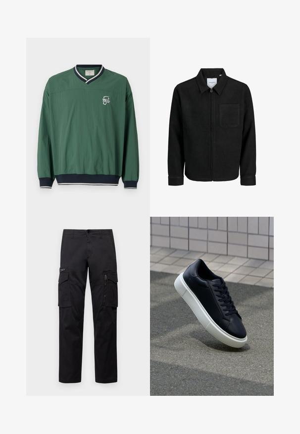Melna jaka ar rāvējslēdzēju un apkakli, vienu krūšu kabatu, parādīta uz baltas fona.; Zaļš džemperis ar V-veida kakla izgriezumu, kontrastējošu tumši zilu ribotu apkakli un elastīgiem piedurkņu galiem. Uz krūtīm ir neliels balts logs. Viegls audums.; Melnas cargo bikses ar vairākiem kabatām, ar rāvējslēdzēju kabatu uz augšstilba, taisnu piegriezumu un izturīgu kokvilnas audumu ar vieglu spīdumu.; Melnas ādas kedas ar noapaļotu pirkstu un baltu gumijas zoli. Iespējas - plakanas šņorītes un minimāla apdare augšdaļā. Struktūrēta zole, lai nodrošinātu saķeri.