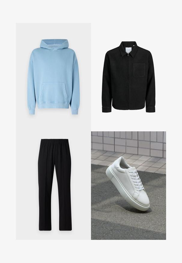 Schwarze Zip-Jacke mit Kragen und einer einzelnen Brusttasche, auf weißem Hintergrund präsentiert.; Helle blaue Kapuzenjacke aus weichem Stoff. Mit einer vorderen Kängurutasche, gerippten Bündchen und einer lässigen Passform. Glatte Textur.; Schwarze, Gummibund-Hosen mit geradem Schnitt, die eine glatte Textur aufweisen und keine sichtbaren Muster oder Beschläge haben.; Weiße Leder-Sneaker mit glatter Oberfläche, runder Zehenpartie und flachen weißen Schnürsenkeln. Verfügt über eine strukturierte Gummisohle und minimalistische Designelemente.
