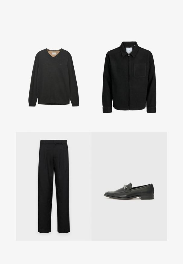 Čierna zipsová bunda s golierom a jednou náprsníkou, vystavená na bielom pozadí.; Čierny sveter s výstrihom do V a dlhými rukávmi, vyrobený z mäkkej, štruktúrovanej tkaniny. Obsahuje jemné logo na hrudi a rebrované lemovanie výstrihu a manžiet.; Čierne nohavice vyrobené z hladkej tkaniny, s rovnými nohavicami, dvoma prednými skladmi a štandardným pásom s pútkami na opasok.; Čierne kožené loafers s hladkým povrchom, s prešitým dizajnom a dekoratívnym kovovým reťazovým akcentom cez priehlavok. Plochý podpätok.