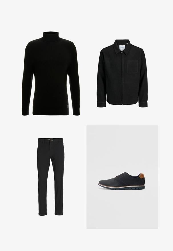 Black zip-up jacket with collar and single chest pocket, displayed on white background.; Black turtleneck sweater with long sleeves, ribbed texture, fitted silhouette, and small brand tag at the bottom left.; Black cotton blend pants with a slim fit, featuring a button closure, pockets, and rolled cuffs for a casual finish.; Black synthetic shoes with a textured upper, smooth accents, brown heel, and a contrasting sole. Features minimal lacing and stitch details.