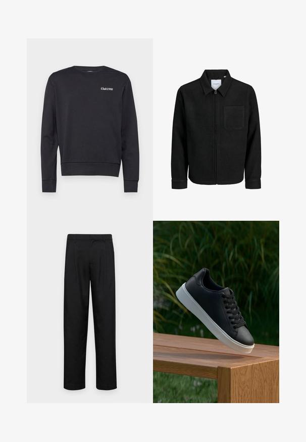 Čierna zipsová bunda s golierom a jednou náprsníkou, vystavená na bielom pozadí.; Čierna mikina vyrobená z mäkkej tkaniny, s dlhým rukávom, okrúhlym výstrihom a bielym logom "Club1990" na hrudi. Jednoduchý dizajn.; Čierne nohavice vyrobené z hladkej tkaniny, s rovnými nohavicami, dvoma prednými skladmi a štandardným pásom s pútkami na opasok.; Čierne kožené tenisky s hladkým povrchom, biela gumená podrážka a šesť dierok na šnúrky, vystavené na drevenom povrchu.