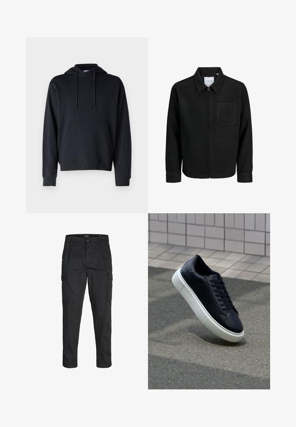 Črna jakna z zadrgo in ovratnikom ter enim žepom na prsih, prikazana na beli podlagi.; Črn hoodie iz mešanice bombaža, z kenguru žepom, nastavljivimi vrvicami in rebrastimi manšetami ter robom. Preprost dizajn.; Črne cargo hlače iz trdnega blaga, ki imajo več žepov, gumbasto zapiranje in ozek kroj z zožanimi nogami.; Črne usnjene superge z zaobljenim prstom in belim gumijastim podplat. Imajo ravne vezalke in minimalno šivanje na zgornjem delu. Teksturirani podplat za oprijem.