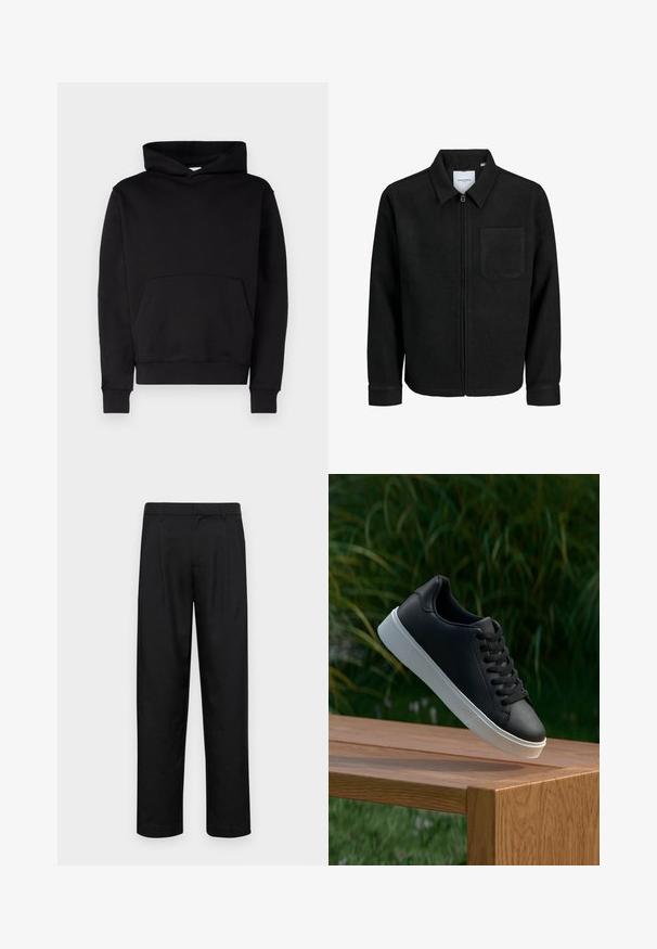 Čierna zipsová bunda s golierom a jednou náprsníkou, vystavená na bielom pozadí.; Čierna mikina s kapucňou vyrobená z mäkkej látky, s klokankovou vreckom, ribbovanými manžetami a šnúrkou na kapucni. Žiadne vzory ani logá nie sú viditeľné.; Čierne nohavice vyrobené z hladkej tkaniny, s rovnými nohavicami, dvoma prednými skladmi a štandardným pásom s pútkami na opasok.; Čierne kožené tenisky s hladkým povrchom, biela gumená podrážka a šesť dierok na šnúrky, vystavené na drevenom povrchu.