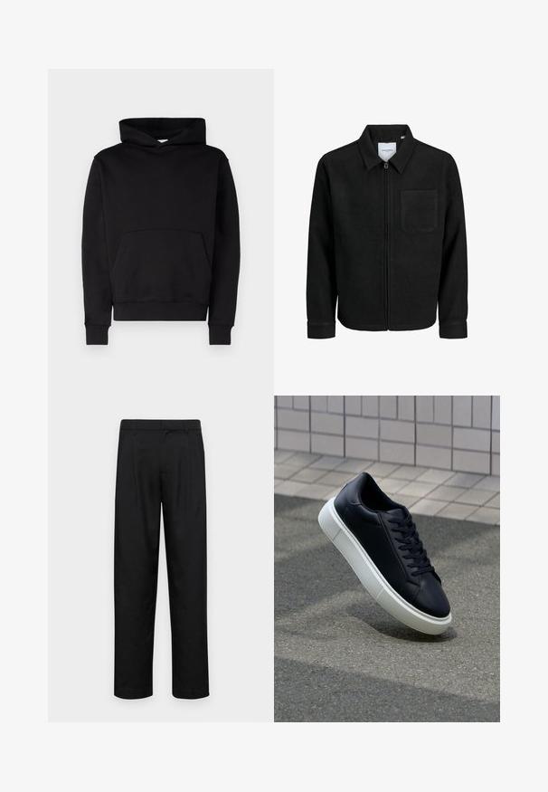 Crna jakna na zip s ovratnikom i jednim džepom na prsima, prikazana na bijeloj pozadini.; Crna dukserica od mekog materijala, s kenguruvim džepom, rebrastim manžetama i kapuljačom s vezicom. Nema vidljivih uzoraka ili logotipa.; Crne hlače od glatkog materijala, s dizajnom ravnih nogavica, dva prednja nabora i standardnim pojasom s petljama za remen.; Crne kožne tenisice s zaobljenim vrhom i bijelim gumiranim potplatom. Imaju ravne vezice i minimalno šivanje na gornjem dijelu. Teksturirani potplat za bolje prianjanje.