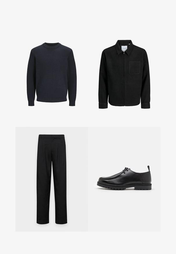 Crna jakna na zip s ovratnikom i jednim džepom na prsima, prikazana na bijeloj pozadini.; Mornarski rebrasti pleteni pulover s okruglim izrezom i dugim rukavima; sadrži teksturiranu tkaninu i uski rub u struku.; Crne hlače od glatkog materijala, s dizajnom ravnih nogavica, dva prednja nabora i standardnim pojasom s petljama za remen.; Crne kožne cipele s vezanjem, s robusnom potplatom i petnom trakom, prikazane sa strane na bijeloj pozadini.