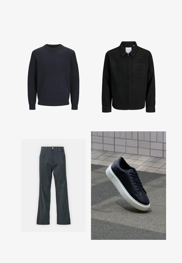 Črna jakna z zadrgo in ovratnikom ter enim žepom na prsih, prikazana na beli podlagi.; Mornarsko rebrasto pleteno pulover s okroglim izrezom in dolgimi rokavi; ima teksturirano tkanino in prilegajoč rob v pasu.; Črne hlače s ravnim krojem, izdelane iz mešanice bombaža. Imajo kovinsko zaponko in stranske žepe. Brez vidnih vzorcev.; Črne usnjene superge z zaobljenim prstom in belim gumijastim podplat. Imajo ravne vezalke in minimalno šivanje na zgornjem delu. Teksturirani podplat za oprijem.