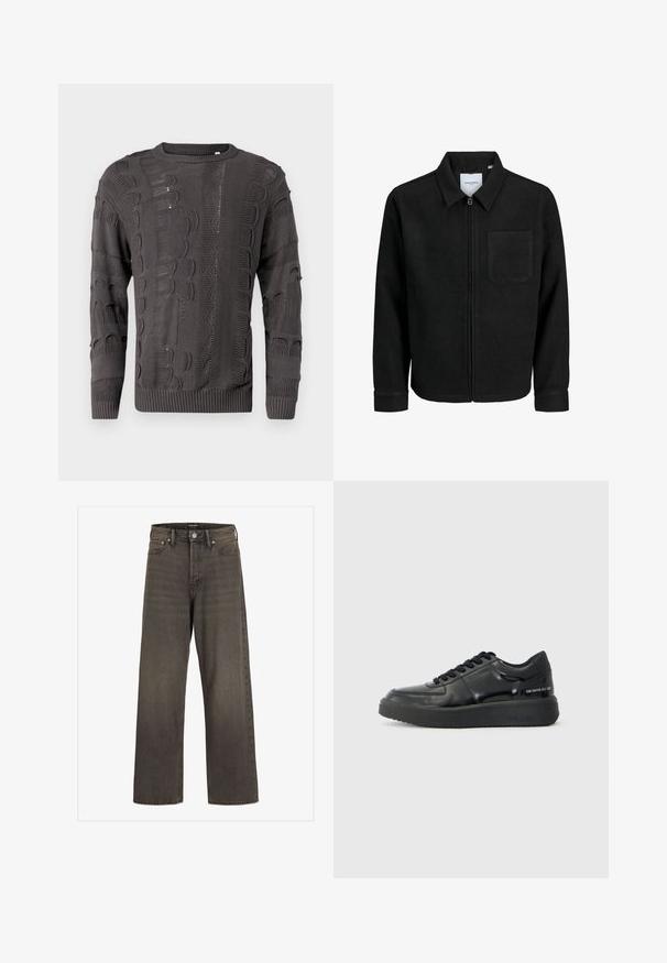 Črna jakna z zadrgo in ovratnikom ter enim žepom na prsih, prikazana na beli podlagi.; Temno siva pletena jopica z raznolikimi teksturami, dolgimi rokavi in krojnim ovratnikom. Profilirana rob in manšete zaključujeta obliko.; Široke hlače iz temno sive denim tkanine, s wysokim pasom, klasičnim pet-pocket dizajnom in kontrastnim šivom ob šivih.; Črne usnjene teniske z gladko površino, okroglo špičko in kontrastnim črnima gumijastim podplatom. Imajo ravne vezalke in blagovno znamko na strani.