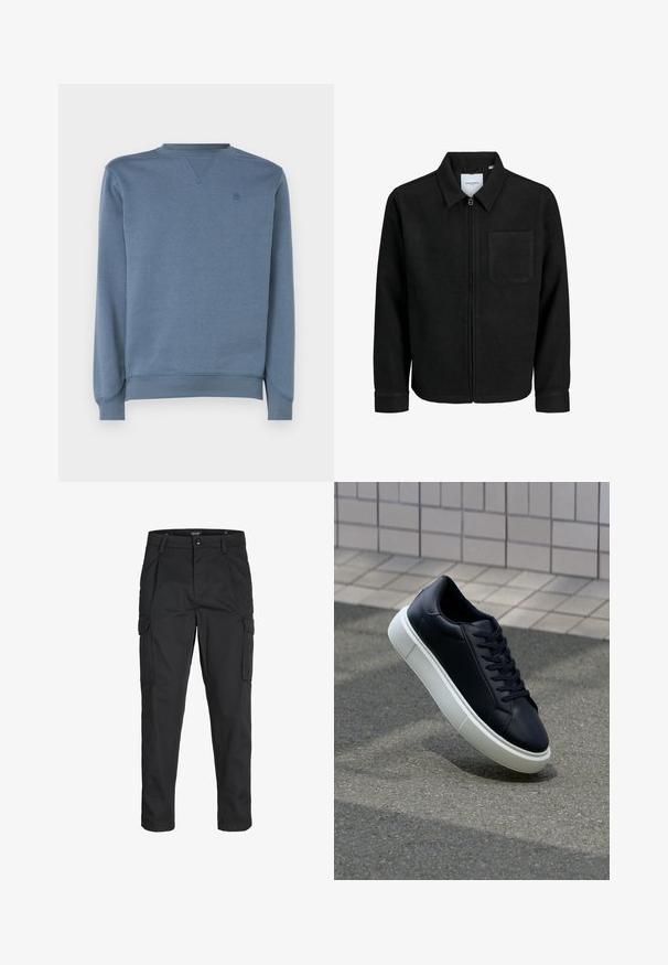 Chaqueta negra con cremallera y cuello, con un solo bolsillo en el pecho, expuesta sobre un fondo blanco.; Sudadera azul hecha de un tejido suave, con cuello redondo, puños acanalados y un pequeño logo en el pecho. Textura lisa.; Pantalones cargo negros hechos de tela resistente, que cuentan con múltiples bolsillos, un cierre de botón y un diseño de corte slim con piernas ajustadas.; Zapatilla de cuero negro con punta redonda y suela de goma blanca. Presenta cordones planos y un mínimo de costuras en la parte superior. Suela texturizada para proporcionar agarre.