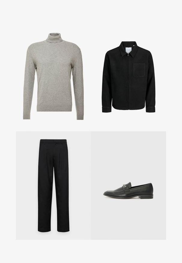 Crna jakna na zip s ovratnikom i jednim džepom na prsima, prikazana na bijeloj pozadini.; Sivi pulover s visokim ovratnikom i dugim rukavima. Izrađen od glatkog, mekanog materijala s prilagodljivim dizajnom i rebrastim detaljima na rubu.; Crne hlače od glatkog materijala, s dizajnom ravnih nogavica, dva prednja nabora i standardnim pojasom s petljama za remen.; Crna kožna loafer cipela s glatkom finišem, s ušivenim uzorkom i dekorativnim metalnim lancem preko prednjeg dijela. Ravni potplat.