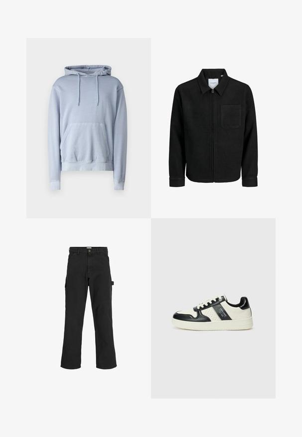 Zwarte zip-up jas met kraag en enkele borstzak, weergegeven op een witte achtergrond.; Lichtblauwe hoodie van zacht materiaal met een voorzak, een capuchon met trekkoorden en ribbels aan de manchetten en onderkant. Glad, basic ontwerp zonder patronen.; Zwarte cargobroek van een katoenmix. Heeft wijde pijpen, schuin voorzakken en een zijzak met een lus voor accessoires.; Leren sneakers met een zwart en crèmekleurig kleurenschema, voorzien van geperforeerde accenten, een gevoerde kraag en een gestructureerde buitenzool.