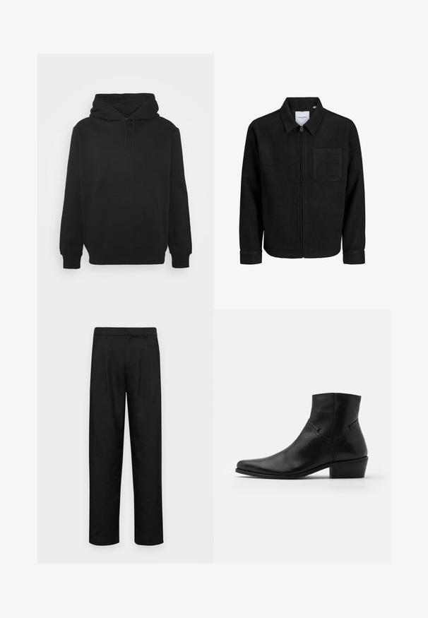 Čierna zipsová bunda s golierom a jednou náprsníkou, vystavená na bielom pozadí.; Čierna mikina s kapucňou vyrobená z mäkkej tkaniny, s klokaním vreckom, sťahovacou kapucňou a rebrovanými manžetami. Jednoduchý dizajn bez vzorov.; Čierne nohavice vyrobené z hladkej tkaniny, s rovnými nohavicami, dvoma prednými skladmi a štandardným pásom s pútkami na opasok.; Čierna koženková členková obuv s špicatou špičkou, minimálnymi švovými detailmi, stredne vysokým blokovým podpätkom a hladkým, lesklým povrchom.