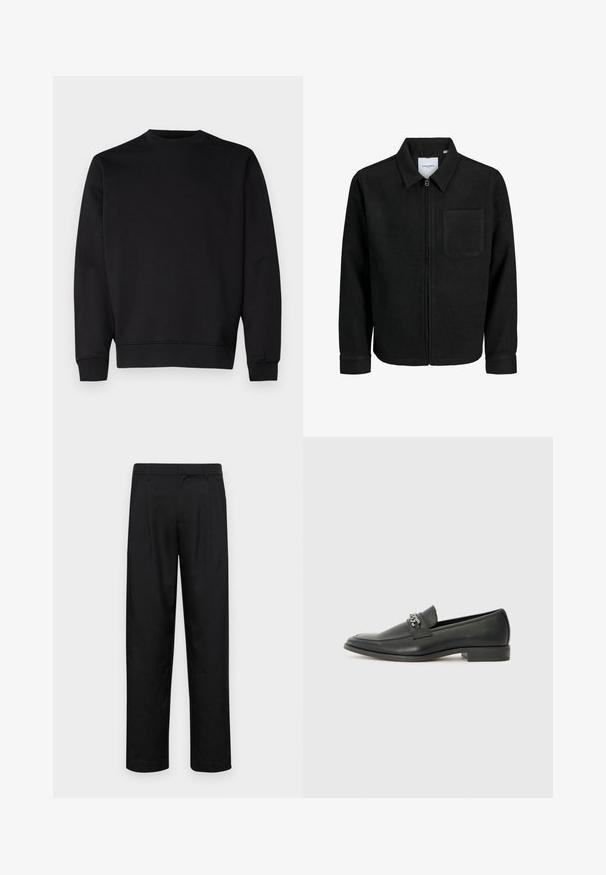 Črna jakna z zadrgo in ovratnikom ter enim žepom na prsih, prikazana na beli podlagi.; Črna majica s kapuco, izdelana iz mehkega blaga, z okroglim vratnim izrezom, dolgimi rokavi in rebrastimi manšetami ter robom za prilegajoč videz.; Črne hlače iz gladkega materiala, s krojem ravne noge, dvema sprednjima pregiboma in standardnim pasom z zankami za pas.; Črni usnjeni loafer z gladko površino, ki ima šivano zasnovo in dekorativni kovinski verižni naglas preko vampirja. Ravno peto.