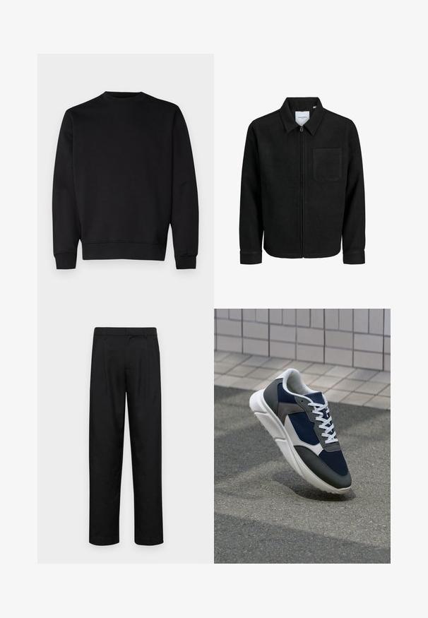 Svart zip-jacka med krage och en enda bröstficka, visad på vit bakgrund.; Svart sweatshirt tillverkad av mjukt material, med rund halsringning, långa ärmar och ribbade muddar och fåll för en åtsittande look.; Svarta byxor i slät väv, med rak ben-design, två framfickor och standardmidja med bälteshällor.; Sko med överdel i marinblå mesh, grå mockadetaljer, vit gummisula och platta vita snören, designad för komfort och andningsförmåga.