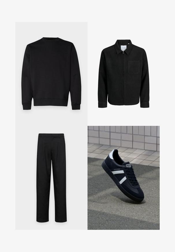 Schwarze Zip-Jacke mit Kragen und einer einzelnen Brusttasche, auf weißem Hintergrund präsentiert.; Schwarzes Sweatshirt aus weichem Material, mit rundem Halsausschnitt, langen Ärmeln sowie gerippten Bündchen und Saum für eine taillierte Passform.; Schwarze Hose aus glattem Stoff, mit geradem Bein Design, zwei vorderen Falten und einem Standardbund mit Gürtelschlaufen.; Schwarze Leder-Sneaker mit weißen Streifen, strukturiertem Gummisohle und Schnürung. Verfügt über ein Markenetikett auf der Zunge.