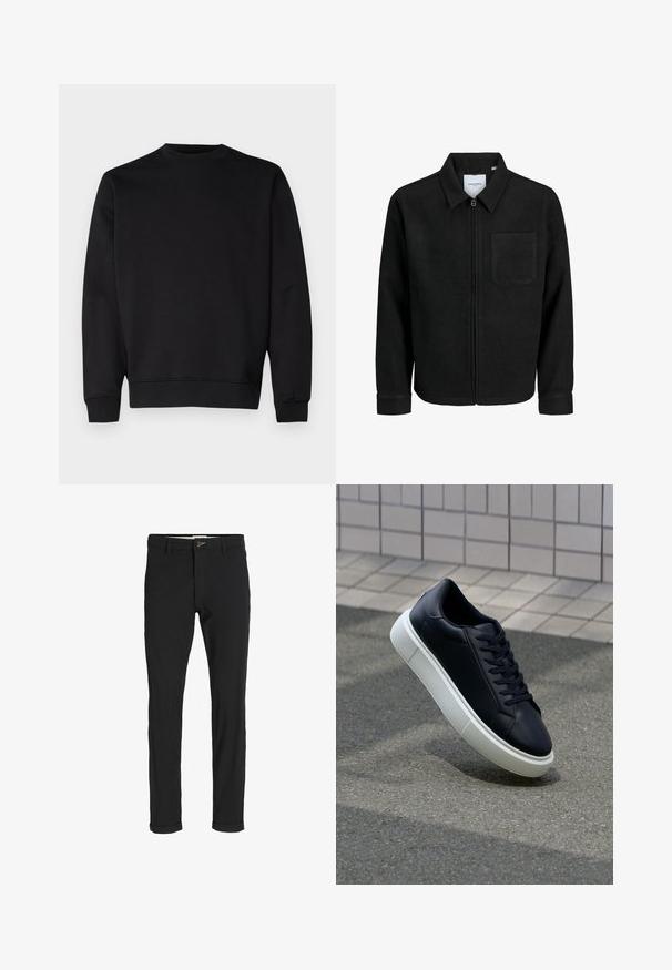 Musta vetoketjullinen takki, jossa on kaulus ja yksi rintatasku, esitelty valkoista taustaa vasten.; Mustapaita, joka on valmistettu pehmeästä kankaasta, jossa on pyöreä kaula-aukko, pitkät hihat ja ribbaudet hihasuissa sekä helmassa tiukemman ilmeen saamiseksi.; Mustat puuvillasekoitehousut, joissa on slim fit -leikkaus, napitus, taskut ja käärityt lahkeet rentoa ilmettä varten.; Mustat nahkakengät, joissa on pyöristetty kärki ja valkoinen kumipohja. Varusteena litteät nauhat ja minimaalinen ommel ylhäällä. Teksturoitu pohja pitävyyden lisäämiseksi.