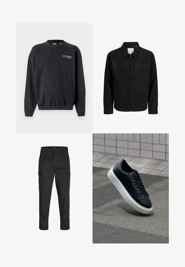 Fekete, zipzáros dzseki gallérral és egyetlen mellzsebbel, fehér háttéren.; Fekete pamut pulóver bordás mandzsettákkal és aljjal. Kis világos színű logóval rendelkezik, és laza szabású.; Fekete cargo nadrág, amely tartós anyagból készült, több zsebet tartalmaz, gombos záródással rendelkezik, és karcsú szabású, szűkített lábakkal bír.; Fekete bőr sportcipő lekerekített orral és fehér gumitalppal. Lapos fűzőkkel és minimális varrásokkal rendelkezik a felsőrészén. Mintás talp a tapadásért.