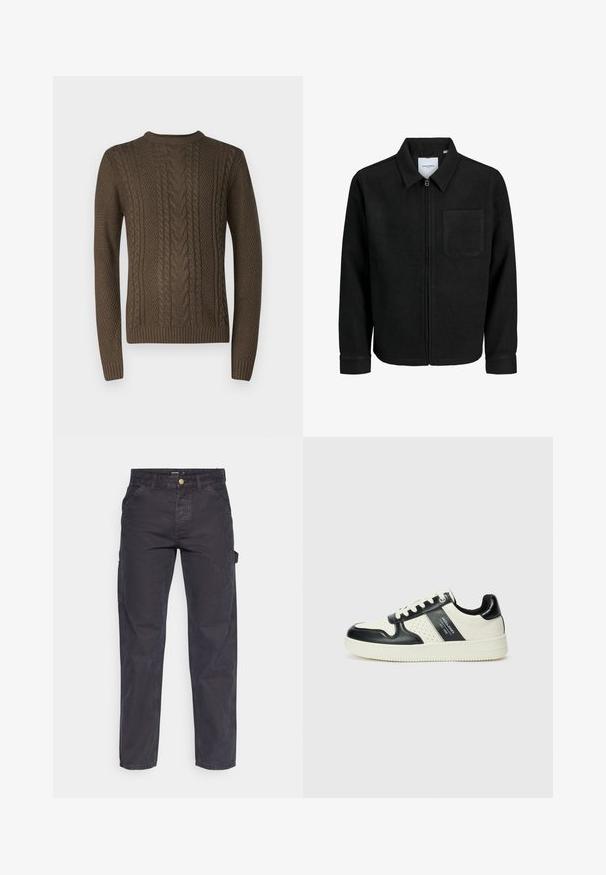 Zwarte zip-up jas met kraag en enkele borstzak, weergegeven op een witte achtergrond.; Bruine gebreide trui met textuur kabelpatronen, geribde boorden en een ronde hals. De stof lijkt dik en warm te zijn.; Donkergrijze cargobroek van duurzaam materiaal, met een rechte pijp, vijf zakken en een knoopsluiting in de taille.; Leren sneakers met een zwart en crèmekleurig kleurenschema, voorzien van geperforeerde accenten, een gevoerde kraag en een gestructureerde buitenzool.