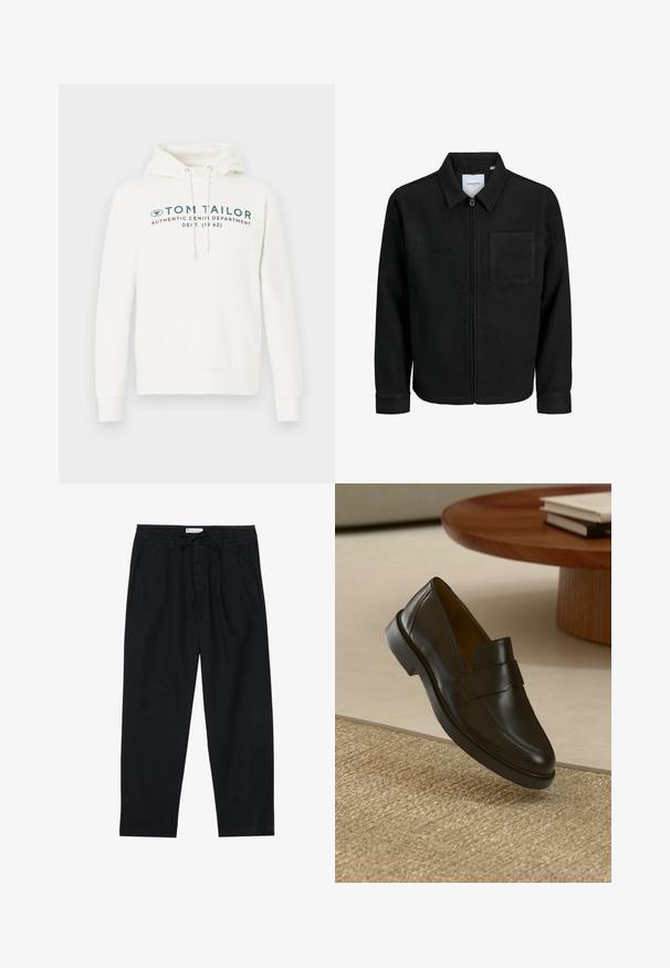 Fekete, zipzáros dzseki gallérral és egyetlen mellzsebbel, fehér háttéren.; Fehér kapucnis pulóver kenguruzsebbel, sötét türkiz színű elülső grafikával és állítható zsinórral a kapucnin.; Pier One Vászonnadrágok - black; Fekete bőr mokaszin sima felülettel, lekerekített orral és dekoratív pánttal a felső részen. Alacsony gumitalp, texturált felületen elhelyezve.