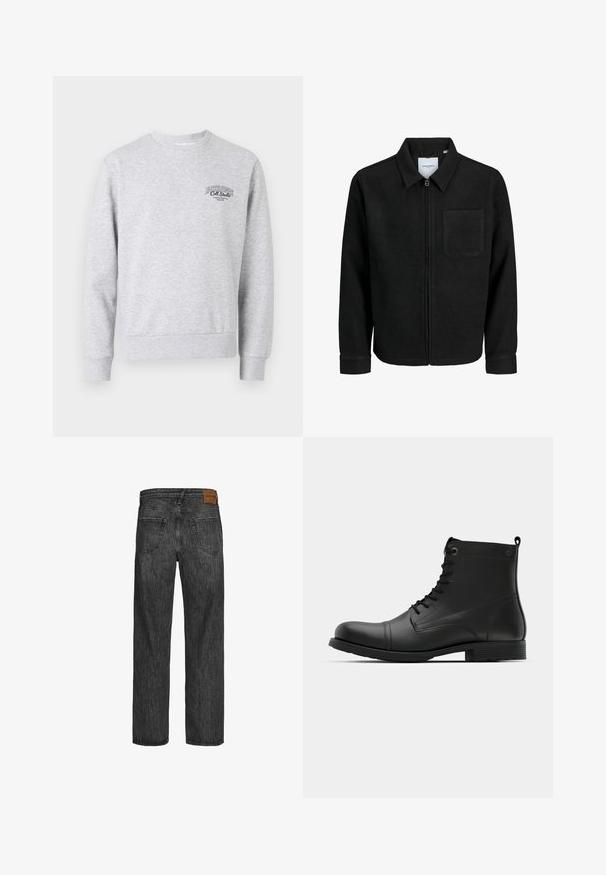 Fekete, zipzáros dzseki gallérral és egyetlen mellzsebbel, fehér háttéren.; Szürke pulóver, kerek nyakkivágással, bordás mandzsettával és aljjal, a mellkasán egy kis fekete logóval. Puha, texturált anyagból készült.; Fekete farmernadrág, egyenes szárú dizájnnal, öt zsebes stílussal, és barna bőr folttal a deréknál. Texturált anyag, varrási részletekkel.; Fekete bőr boka csizmák kerek orral, fűzős kialakítással és lapos gumitalppal. Minimális varrás jellemzi őket, valamint egy fülecske a saroknál.