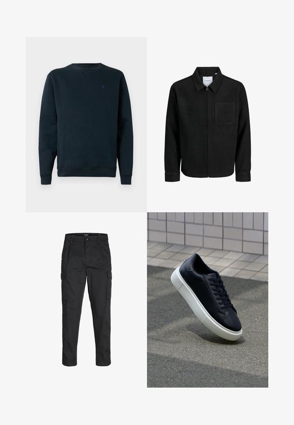 Giacca nera con zip, colletto e una tasca sul petto, mostrata su sfondo bianco.; Felpa a girocollo navy realizzata in tessuto morbido, con polsini e orlo a coste, dotata di un piccolo logo sul petto. Design semplice e minimalista.; Pantaloni cargo neri realizzati in un tessuto resistente, dotati di molteplici tasche, chiusura con bottone e un design aderente con gambe affusolate.; Sneaker in pelle nera con punta arrotondata e suola in gomma bianca. Presenta lacci piatti e cuciture minime sulla parte superiore. Suola testurizzata per una migliore aderenza.