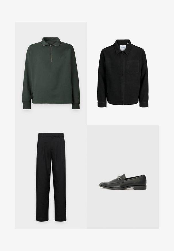 Čierna zipsová bunda s golierom a jednou náprsníkou, vystavená na bielom pozadí.; Tmavo zelený pulóver s vysokým golierom a polo zipsom. Vyrobený z mäkkej látky, má dlhé rukávy a voľný strih.; Čierne nohavice vyrobené z hladkej tkaniny, s rovnými nohavicami, dvoma prednými skladmi a štandardným pásom s pútkami na opasok.; Čierne kožené loafers s hladkým povrchom, s prešitým dizajnom a dekoratívnym kovovým reťazovým akcentom cez priehlavok. Plochý podpätok.