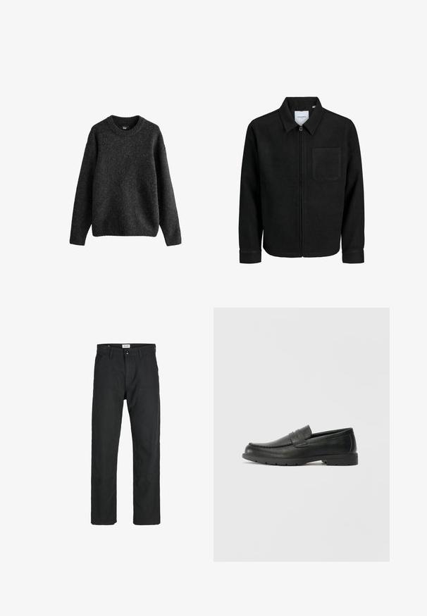 Melna jaka ar rāvējslēdzēju un apkakli, vienu krūšu kabatu, parādīta uz baltas fona.; Tumši pelēks džemperis, izgatavots no teksturētu vilnas maisījuma, ar apaļu kakla izmēru, garām piedurknēm un ribinātiem aprocēm un apakšmalu. Vienkārša dizaina.; Melnas bikses no izturīga auduma, ar taisna griezuma dizainu, izšūtām akcentiem un divām priekšējām kabatām funkcionālitātei.; Melnas ādas loafers ar gludu apdari, mokasīnu stila augšdaļu, šūtu detalizāciju un gumijas zoli. Klasisks dizains ar zemu papēdi.