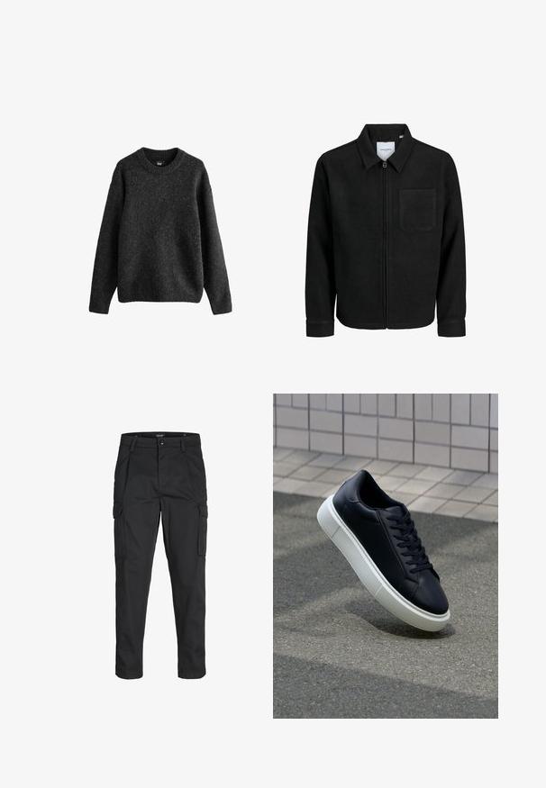 Fekete, zipzáros dzseki gallérral és egyetlen mellzsebbel, fehér háttéren.; Sötétszürke pulóver, texturált gyapjú keverékből készült, kereknyakú, hosszú ujjú, bordás mandzsettákkal és aljjal. Egyszerű dizájn.; Fekete cargo nadrág, amely tartós anyagból készült, több zsebet tartalmaz, gombos záródással rendelkezik, és karcsú szabású, szűkített lábakkal bír.; Fekete bőr sportcipő lekerekített orral és fehér gumitalppal. Lapos fűzőkkel és minimális varrásokkal rendelkezik a felsőrészén. Mintás talp a tapadásért.