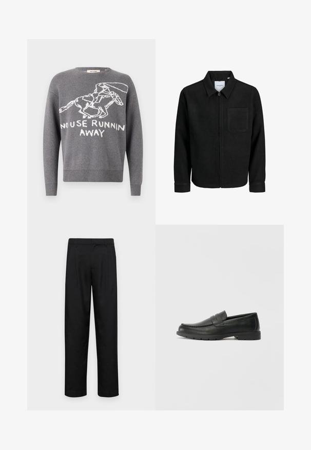 Black zip-up jacket with collar and single chest pocket, displayed on white background.; Gray knit sweater featuring a white graphic of a running rabbit and text "NO USE RUNNING AWAY". Ribbed cuffs and hem. Classic crew neckline.; Black trousers made of smooth fabric, featuring a straight-leg design, two front pleats, and standard waistband with belt loops.; Black leather loafers with a smooth finish, moccasin-style upper, stitched detailing, and a rubber sole. Classic design with a low heel.