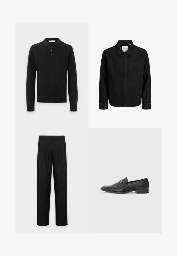 Mustaga lukuga jakker, millel on krae ja üks rinna-tasku, esitatud valgel taustal.; Mustakate pikkade varrukatega kootud polo sviiter, millel on kolm musta nööpi ja allapoole pööratav krae, esitleb valge tausta peal.; Mustad mustadest riietest, millel on sirge jalgade disain, kaks eesmist voltimist ja tavaline vöökoht, millel on vöökohad.; Must haveate nahkking punased, millel on sile viimistlus, tikitud muster ja dekoratiivne metallkett vampi üle. Tasane konts.