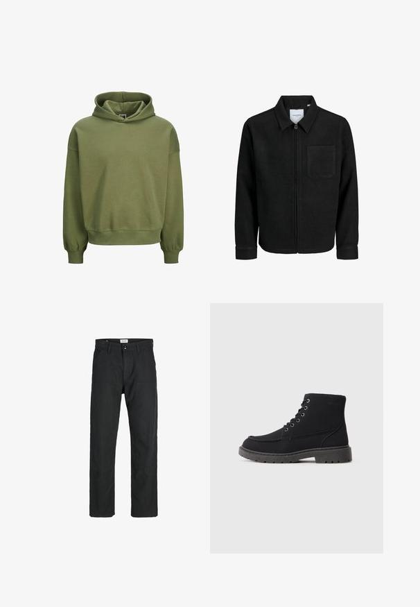 Giacca nera con zip, colletto e una tasca sul petto, mostrata su sfondo bianco.; Jack & Jones EINFARBIG - Felpa con cappuccio - cypress; Pantaloni neri realizzati in tessuto resistente, caratterizzati da un design a gamba dritta, dettagli cuciti e due tasche frontali per la funzionalità.; Stivaletti neri realizzati in materiale texturizzato con suola piatta, punta rotonda e allacciatura con sei occhielli. Cuciture rinforzate lungo il bordo.