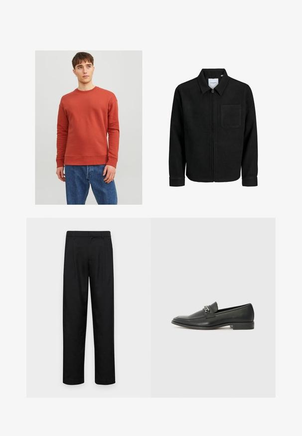 Jachetă neagră cu fermoar, cu guler și un singur buzunar pe piept, expusă pe fundal alb.; Jack & Jones JJESTAR BASIC CREW NECK - Bluză de molton - cinnabar; Pantaloni negri dintr-un material neted, cu un design drept, două pliuri frontale și un tiv standard cu bucle pentru curea.; Pantofii negri din piele cu un finisaj neted, având un design cusut și un accent decorativ de lanț metalic peste partea de sus. Toc plat.