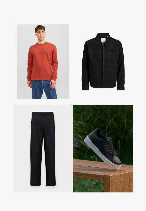 Melna jaka ar rāvējslēdzēju un apkakli, vienu krūšu kabatu, parādīta uz baltas fona.; Jack & Jones JJESTAR BASIC CREW NECK - Ikdienas džemperis - cinnabar; Melnas bikses, izgatavotas no gludas auduma, ar taisnu kāju dizainu, divām priekšējām krokām un standarta jostu, kurai ir āķi.; Melnās ādas sporta apavi ar gludu tekstūru, baltu gumijas zoli un sešiem caurumiem šņorešanai, novietoti uz koka virsmas.